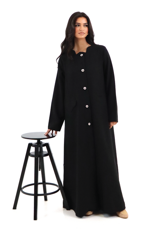 Black Abaya with Silver Unique Buttons – 90s Inspired
