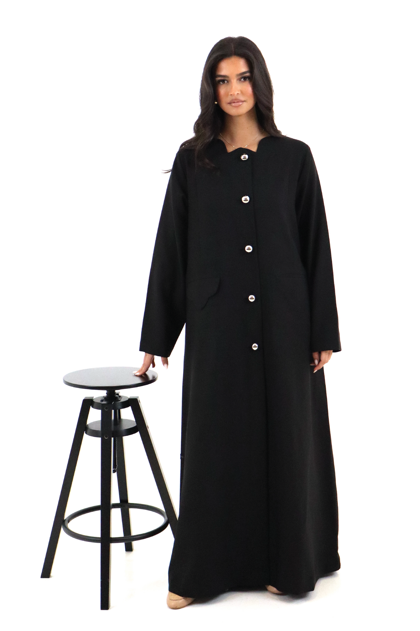 Black Abaya with Silver Unique Buttons – 90s Inspired