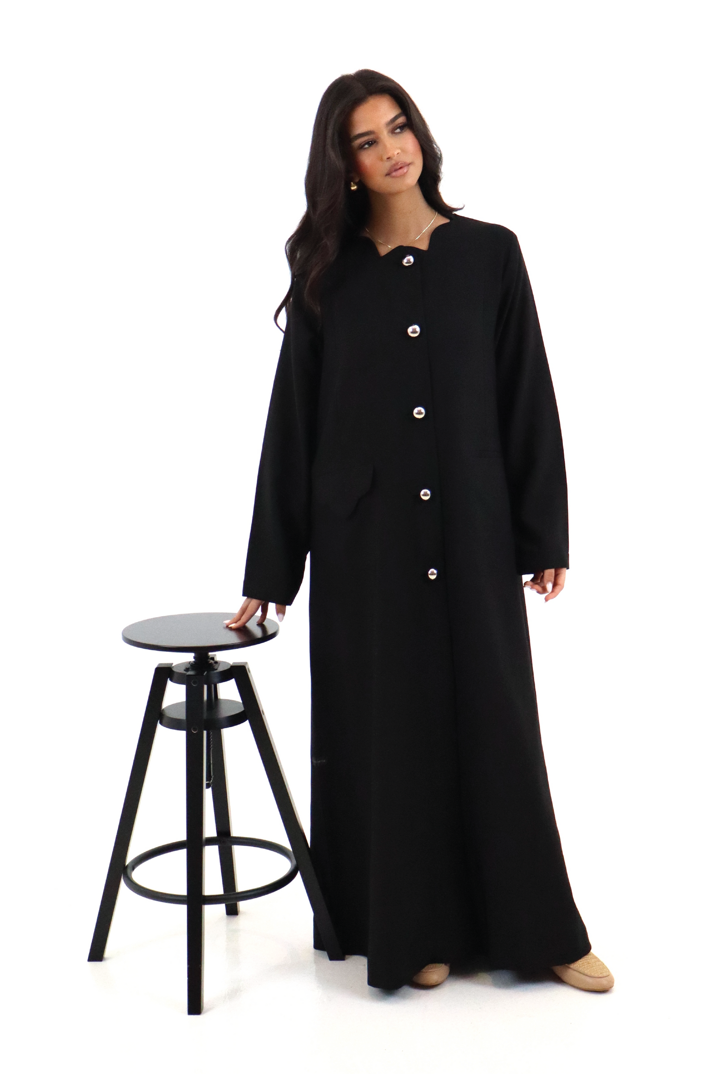 Black Abaya with Silver Unique Buttons – 90s Inspired